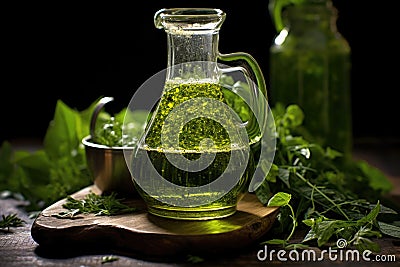 olive oil in a glass bottle, drizzled over pesto Stock Photo