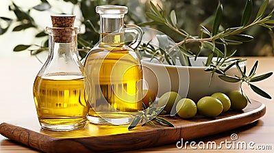 Olive oil in glass transparent bottles. Organic olive oil on a white wooden table. Stock Photo