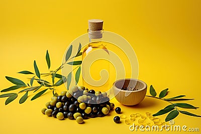 Olive oil and olives. Bottle of oil. olives twigs and pepper on yellow. Stock Photo