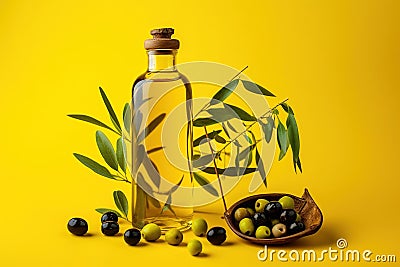 Olive oil and olives. Bottle of oil. olives twigs and pepper on yellow. Stock Photo