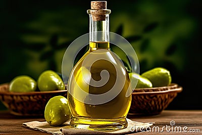 Olive oil and olives. Bottle of oil. olives twigs and pepper on yellow. Stock Photo