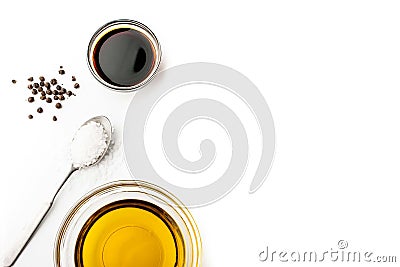Olive oil with seasoning on the white background horizontal Stock Photo