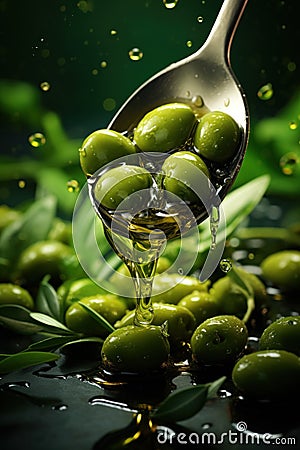 Olive oil in a spoon with green olive fruits, culinary background Stock Photo