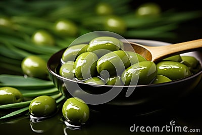 Olive oil in a spoon with green olive fruits, culinary background Stock Photo