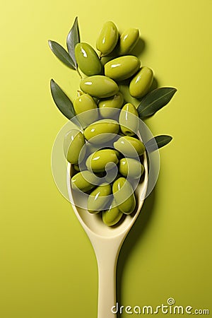 Olive oil in a spoon with green olive fruits, culinary background Stock Photo