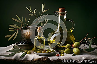 Olive oil and still life concept. Olives, branchlet, leaf, olive oil in a carafe and bottle on a table. Generative Ai Stock Photo