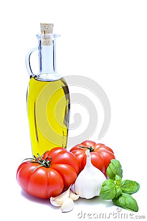 Olive oil, tomatoes, garlic, basil Stock Photo