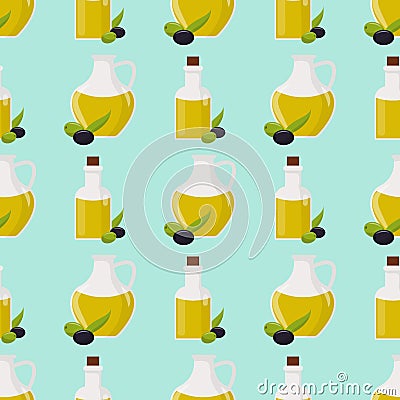 Olive oil vector glass bottle of premium virgin some olives with leaves seamless pattern health tree leaf branch fruit Vector Illustration