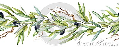 Olive tree branch seamless border with fruit and leaves watercolor element. Elegant branch border with green leaves Stock Photo