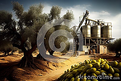 Olive trees field with olive factory Cartoon Illustration