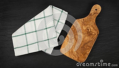 Olive Wood Cutting Board with a Rustic Napkin Mockup Stock Photo