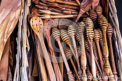 Olive wood kitchen accessories Stock Photo