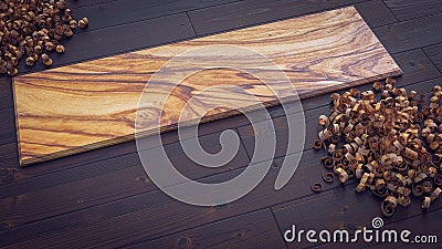 Olive wood plank on parquet with wood shavings 3d illustration c Cartoon Illustration