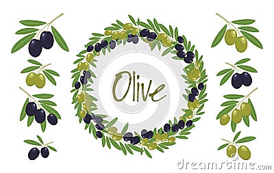 Olive wreath. Cosmetic packaging template. Organic vegetarian food ingredient. Good for label, beauty shop, spa, wellness, restaur Vector Illustration