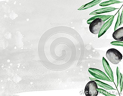 Olives black watercolor gray background Cartoon Illustration
