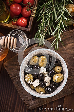 Olives and feta salad in bowl,spanish tapa bar food Stock Photo