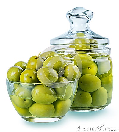 Olives in a glass , Preserved vegetables composition Stock Photo