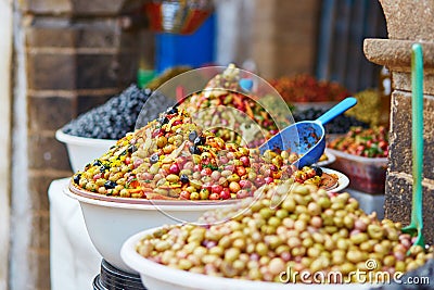 Olives on Moroccan market (souk) in Essaouira, Morocco Stock Photo