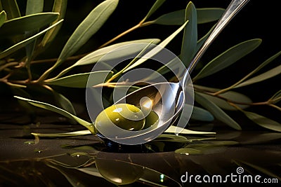 Olives and olive oil in a big spoon. Olive oil amidst an olive branch. Generative AI Cartoon Illustration