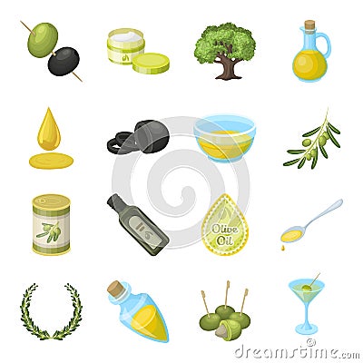 Olives, tree, branch and other products from olives.Olives set collection icons in cartoon style vector symbol stock Vector Illustration