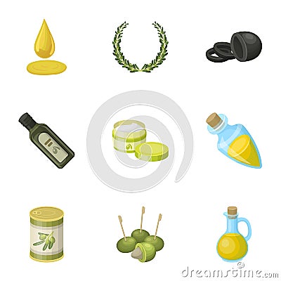 Olives, tree, branch and other products from olives.Olives set collection icons in cartoon style vector symbol stock Vector Illustration