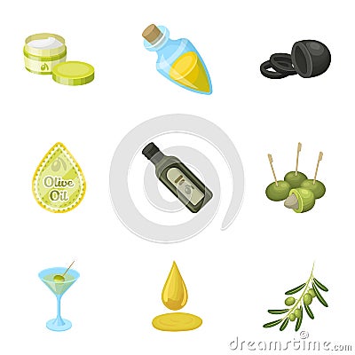 Olives, tree, branch and other products from olives.Olives set collection icons in cartoon style vector symbol stock Vector Illustration