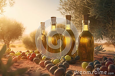 Olives tree oil bottle spain. Generate Ai Stock Photo