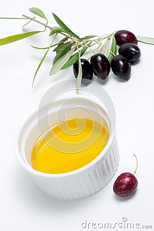 Olives twig and pure olive oil Stock Photo