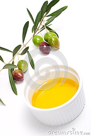 Olives twig and pure olive oil Stock Photo