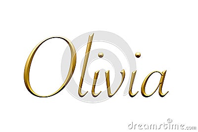 Olivia - Female name . Gold 3D icon on white background. Decorative font. Template, signature logo. Stock Photo