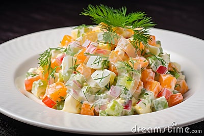 Olivier salad with peas and dill Stock Photo