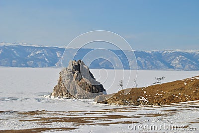 Olkhon Island on Lake Baikal. Baikal ice. Winter road on Lake Baikal. Siberia. Stock Photo