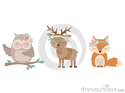 Ð¡ollection of hand-drawn boho animals. The image of a fox, deer, owl with flowers and feathers. Stock Photo