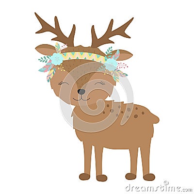 Ð¡ollection of hand-drawn boho cute deer with horns, flowers and feathers. Stock Photo