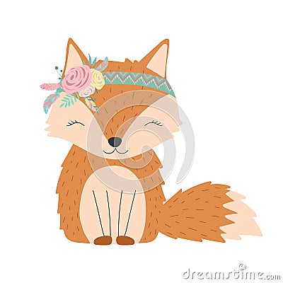 Ð¡ollection of hand-drawn boho cute fox with flowers and feathers. Stock Photo