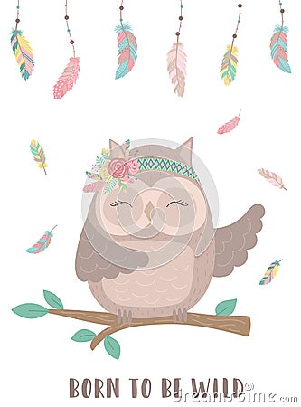 Ð¡ollection of hand-drawn boho cute owl with words Born to be wild. Background of feathers and polka dots. Stock Photo