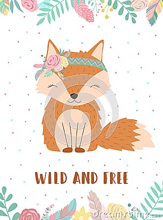Ð¡ollection of hand-drawn boho fox with words Wild and Free. Illustration of polka-dots, flowers and feathers Stock Photo