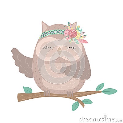 Ð¡ollection of hand-drawn boho funny owl on the tree with flowers and feathers. Stock Photo