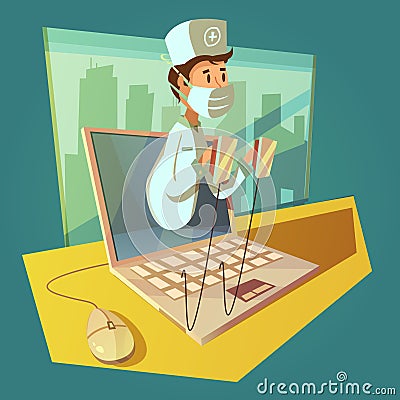 Olnine Doctor And Laptop Concept Vector Illustration