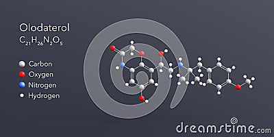 olodaterol molecule 3d rendering, flat molecular structure with chemical formula and atoms color coding Stock Photo
