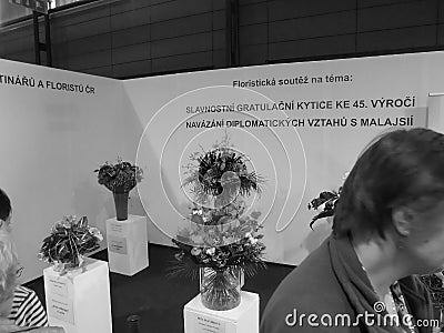 Blackwhite image - Bouquets of various flowers. Winners of Florist contest. Congratulation bouquets for 45th anniversary of establ Editorial Stock Photo