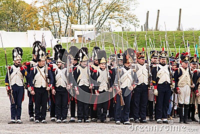 Olomouc Czech Rep. October 7th 2017 historical festival Olmutz 1813. Napoleonic soldiers stand at attention and being Editorial Stock Photo