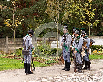 Olomouc Czech Rep. October 7th 2017 historical festival Olmutz 1813. Napoleonic soldiers stand at attention and being Editorial Stock Photo