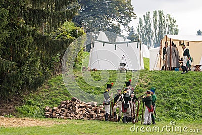 Olomouc Czech Rep. October 7th 2017 historical festival Olmutz 1813. Napoleonic soldiers talk together and relaxing by Editorial Stock Photo