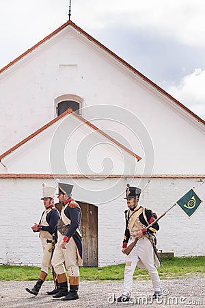 Olomouc Czech Rep. October 7th 2017 historical festival Olmutz 1813. Napoleonic soldiers walk by a nice white catholic Editorial Stock Photo