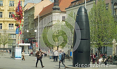 BRNO, CZECH REPUBLIC, JANUARY 2, 2019: Astronomical clock modern Brno, people aalking in square, modern cultural Editorial Stock Photo