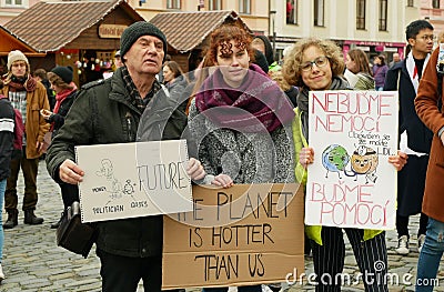 OLOMOUC, CZECH REPUBLIC, NOVEMBER 30, 2019: Activists senior old man and students, Friday for future, demonstration Editorial Stock Photo