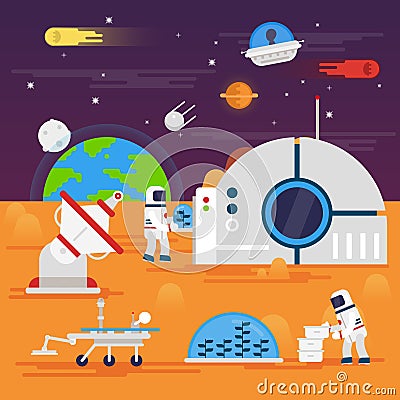 olonization of Mars. Space landscape, rover, astronaut , earth, Vector Illustration