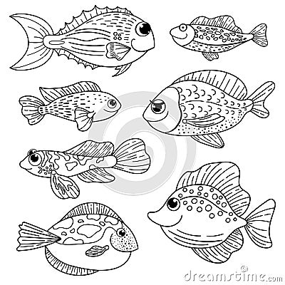 Ð¡oloring book. Ocean cartoon fish set. Vector coral reef fish. Vector Illustration