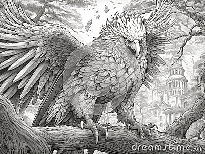 Oloring page for adults, strong mythological monster phoenix.Generative AI Stock Photo